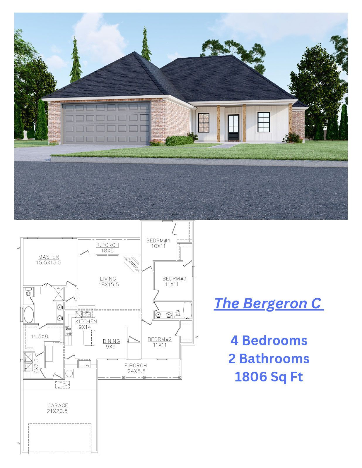 The bergeron c has 4 bedrooms and 2 bathrooms