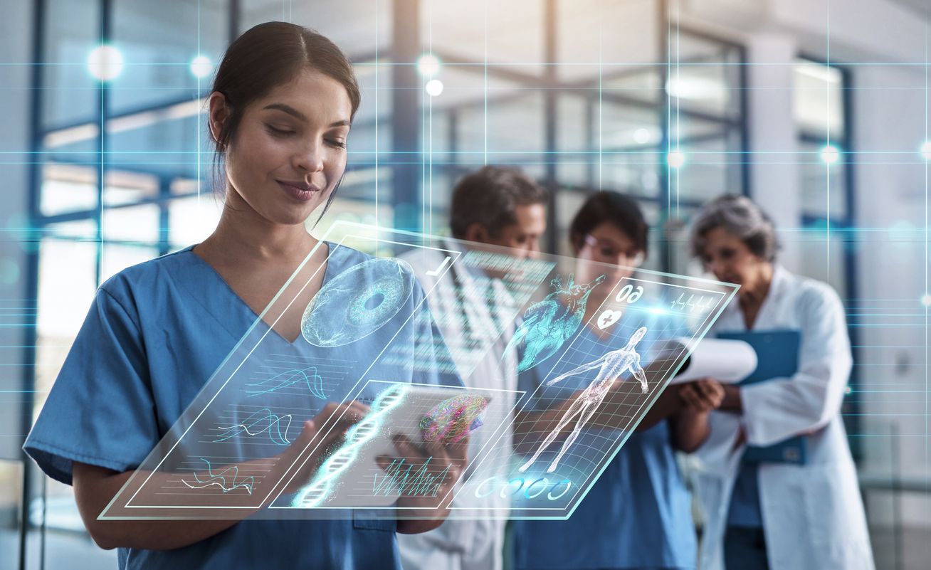 Nurse using ai in healtcare, surrounded by medical professionals; digital graphics overlay.