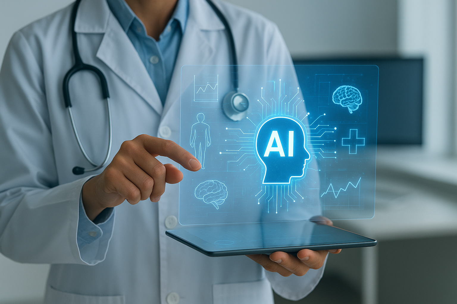 Doctor in lab coat holding tablet displaying AI medical icons. Having Sky-Walker collection the data. Doctor in lab coat holding tablet displaying AI medical icons. Having Sky-Walker collection the data.