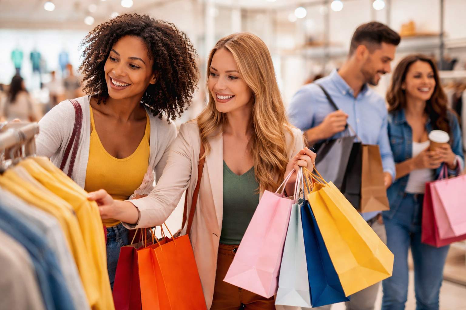 People shopping in a clothing store, looking at items on racks, carrying shopping bags.