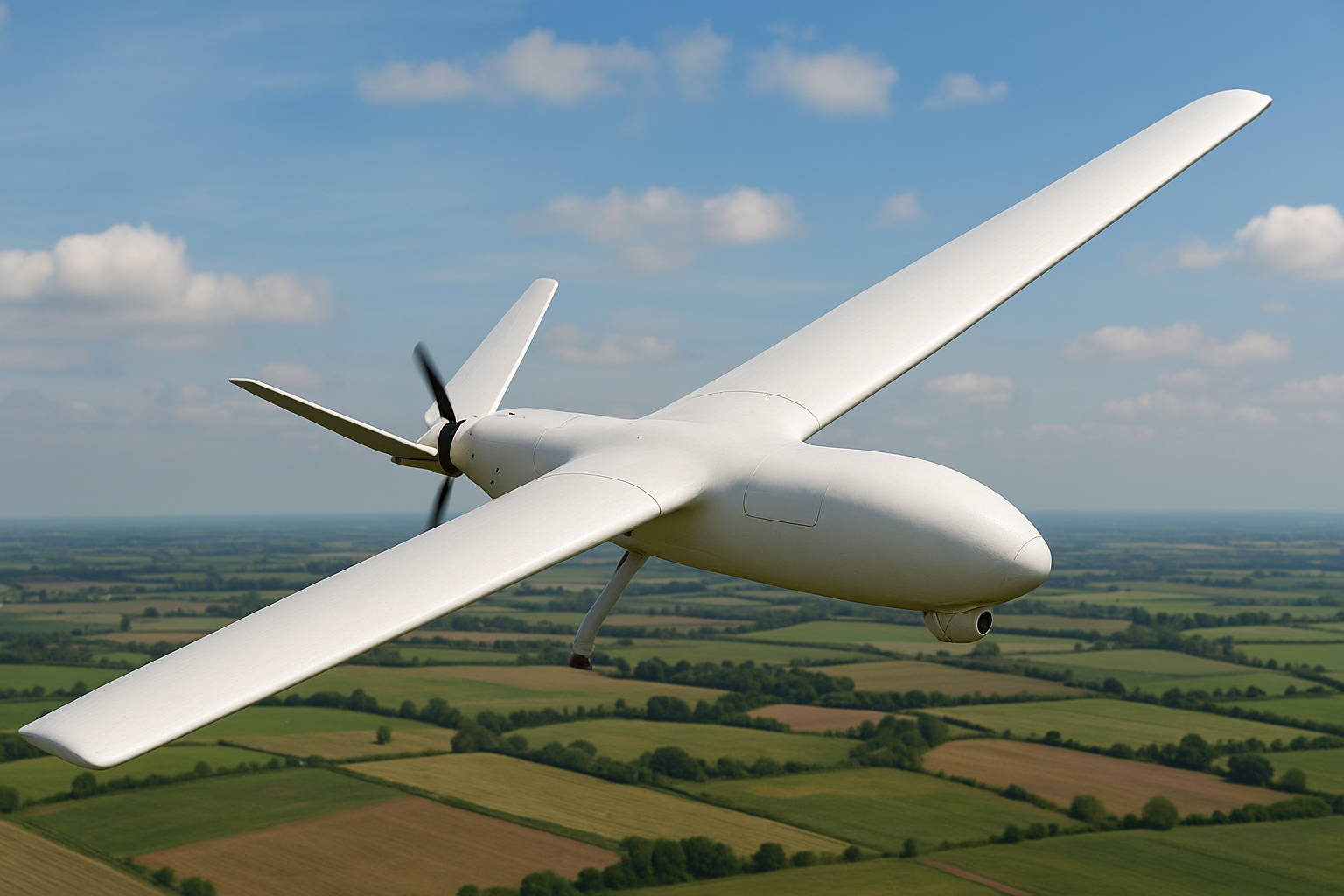 White drone flying over green fields. Connect'd with Sky-Walker