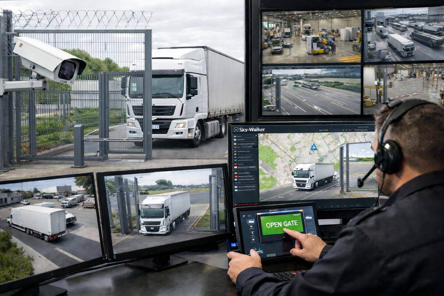 Security operator monitoring truck transport via multiple screens and security cameras at a gate.