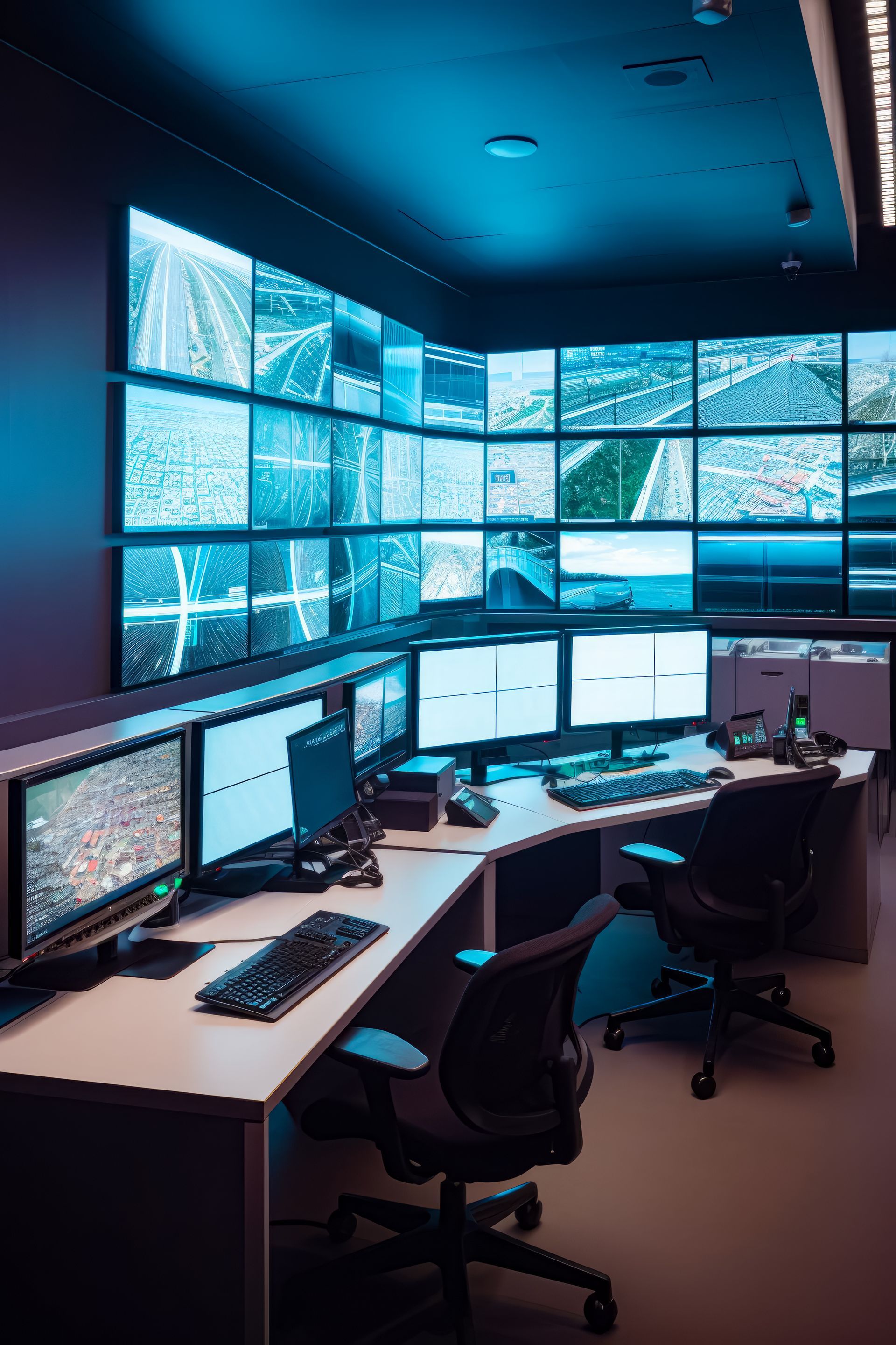 control room with multiple monitors and a video wall for safeguarding an energy site