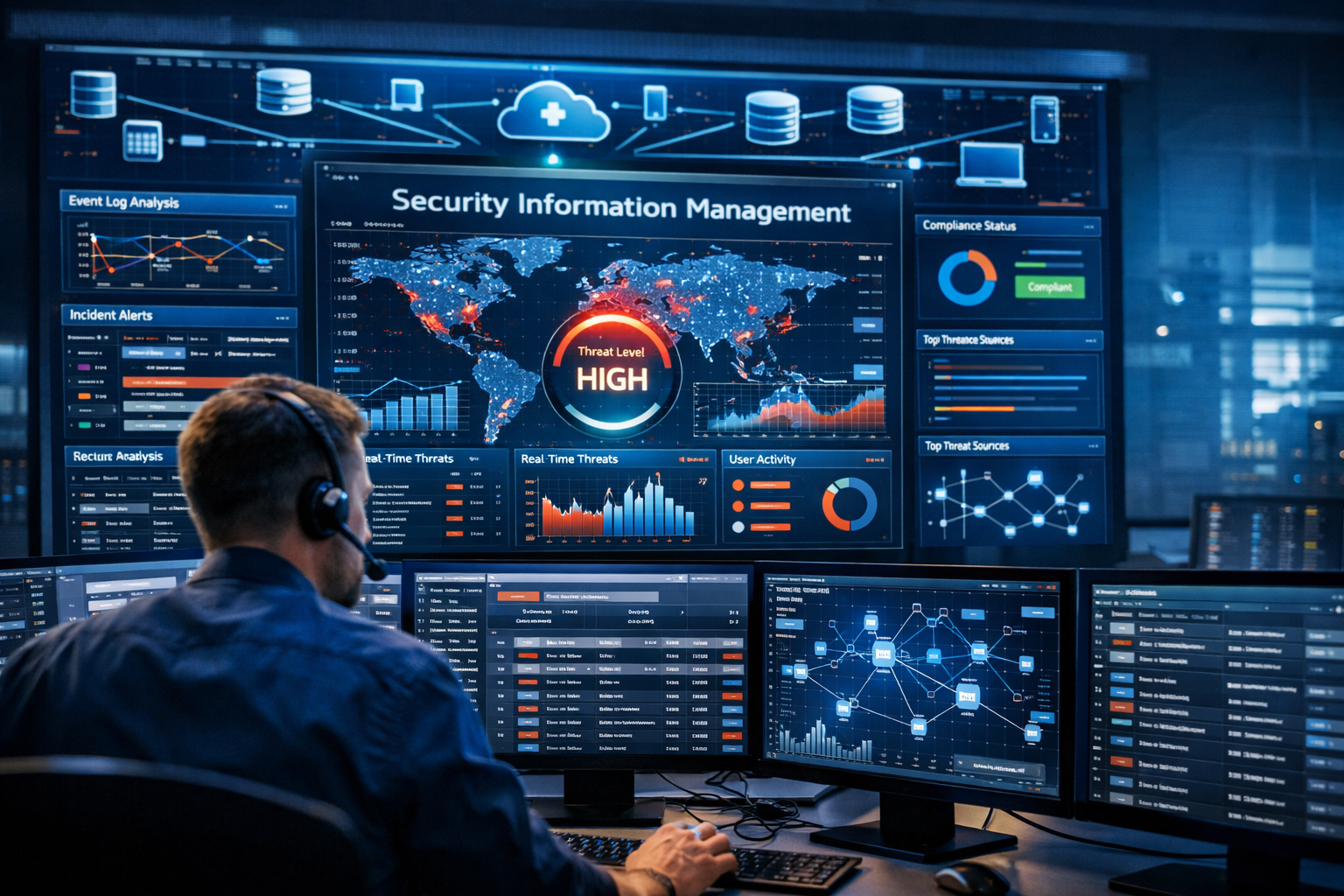 A security analyst monitors global network threats on multiple digital dashboards in a dark operations center. Powered by Sky-Walker A security analyst monitors global network threats on multiple digital dashboards in a dark operations center. Powered by Sky-Walker