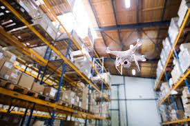 Drone flying in warehouse to count stock automatically