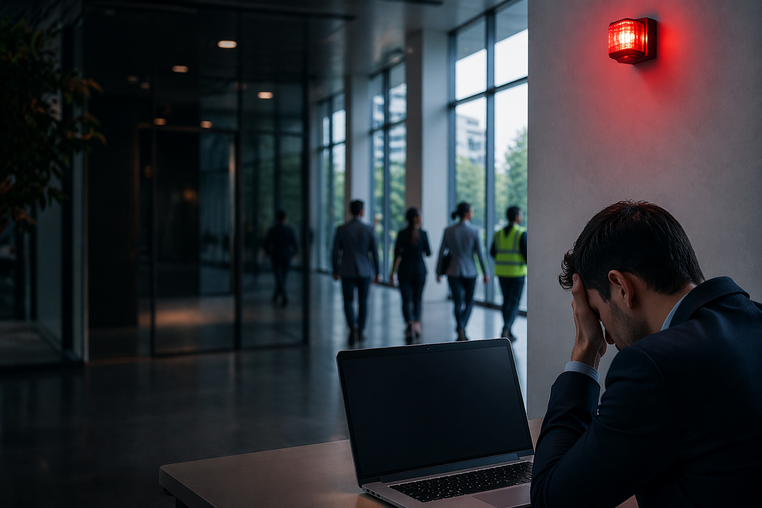 A stressed professional sits at a desk with a laptop while a red alarm light flashes in a dim office corridor.