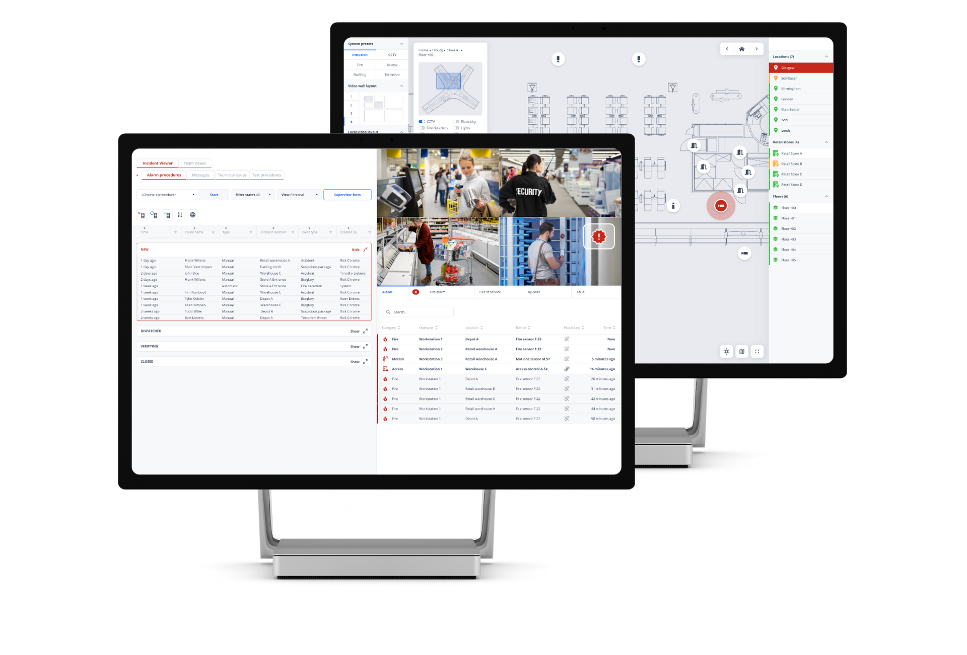 Two computer monitors displaying data and a live video feed of a warehouse. Protected by Sky-Walker