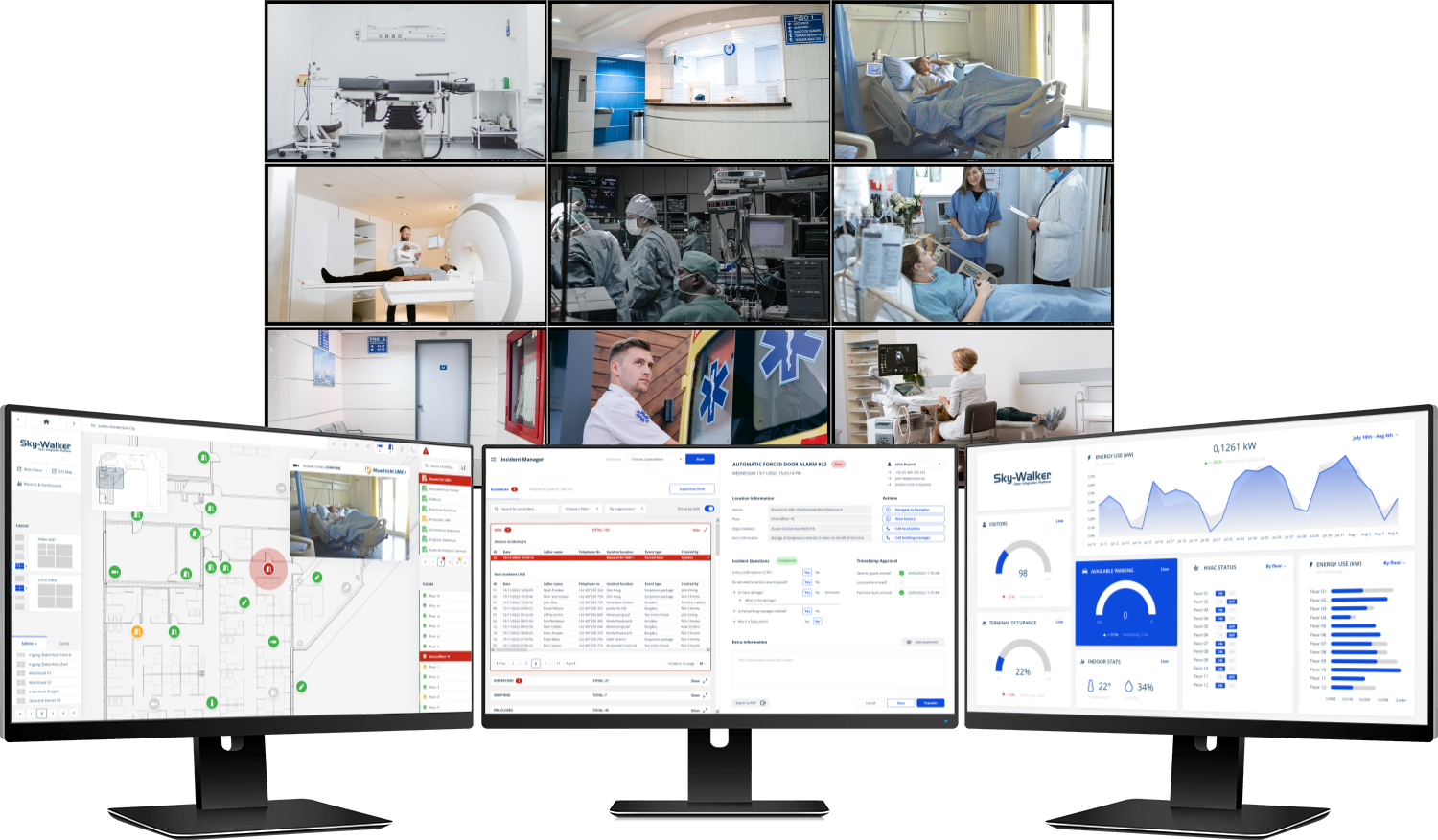 A control room with Sky-Walker and incident manager on 3 monitors and an IP-matrix for healthcare facilities