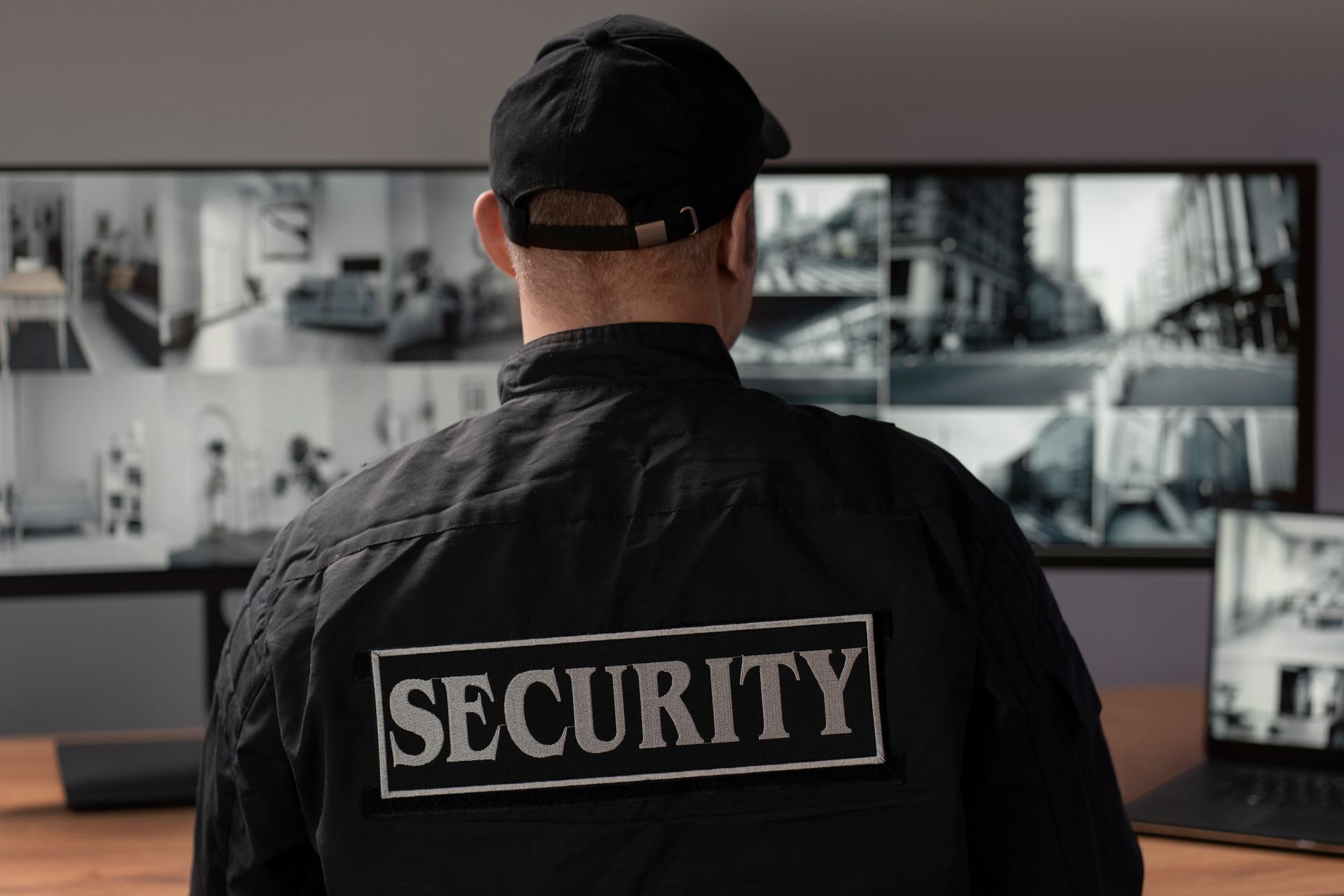 A security guard watching over IP-matrix camera footage of an industrial site enhanced with PSIM