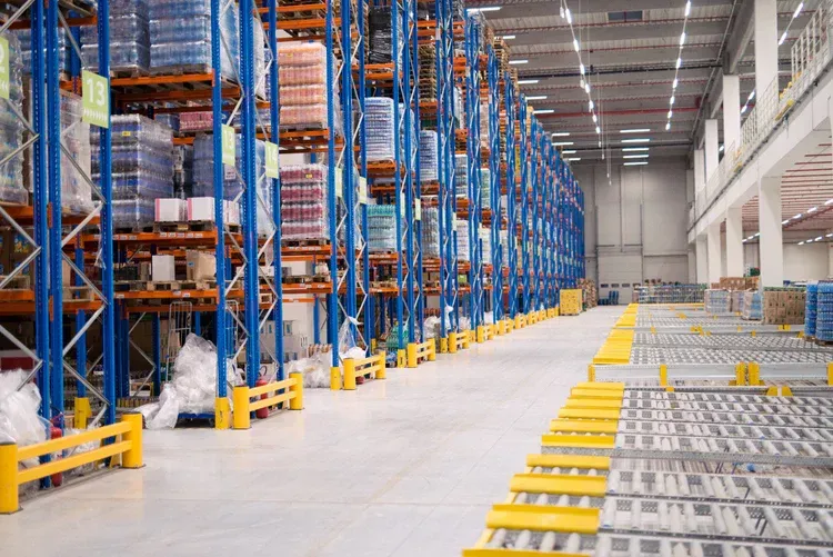 Warehouse interior with tall blue shelving holding stacked pallets of goods, conveyor system in the foreground