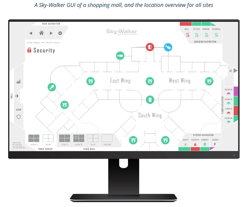 Monitor displaying a shopping mall map labeled Monitor displaying a shopping mall map labeled