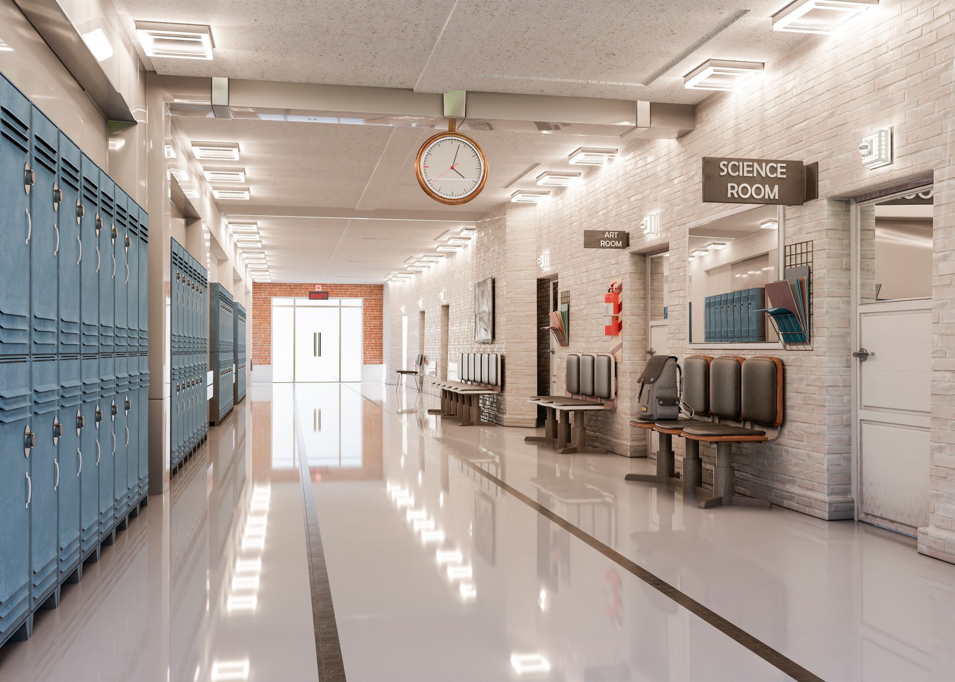 A school corridor with science room and art room and lockers on the left