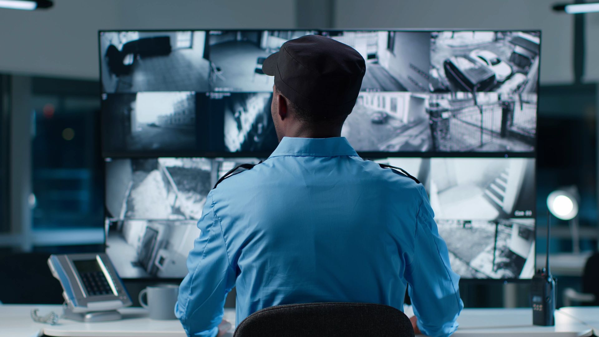 a security operator in a control room with video wall and monitor that runs Sky-Walker PSIM software