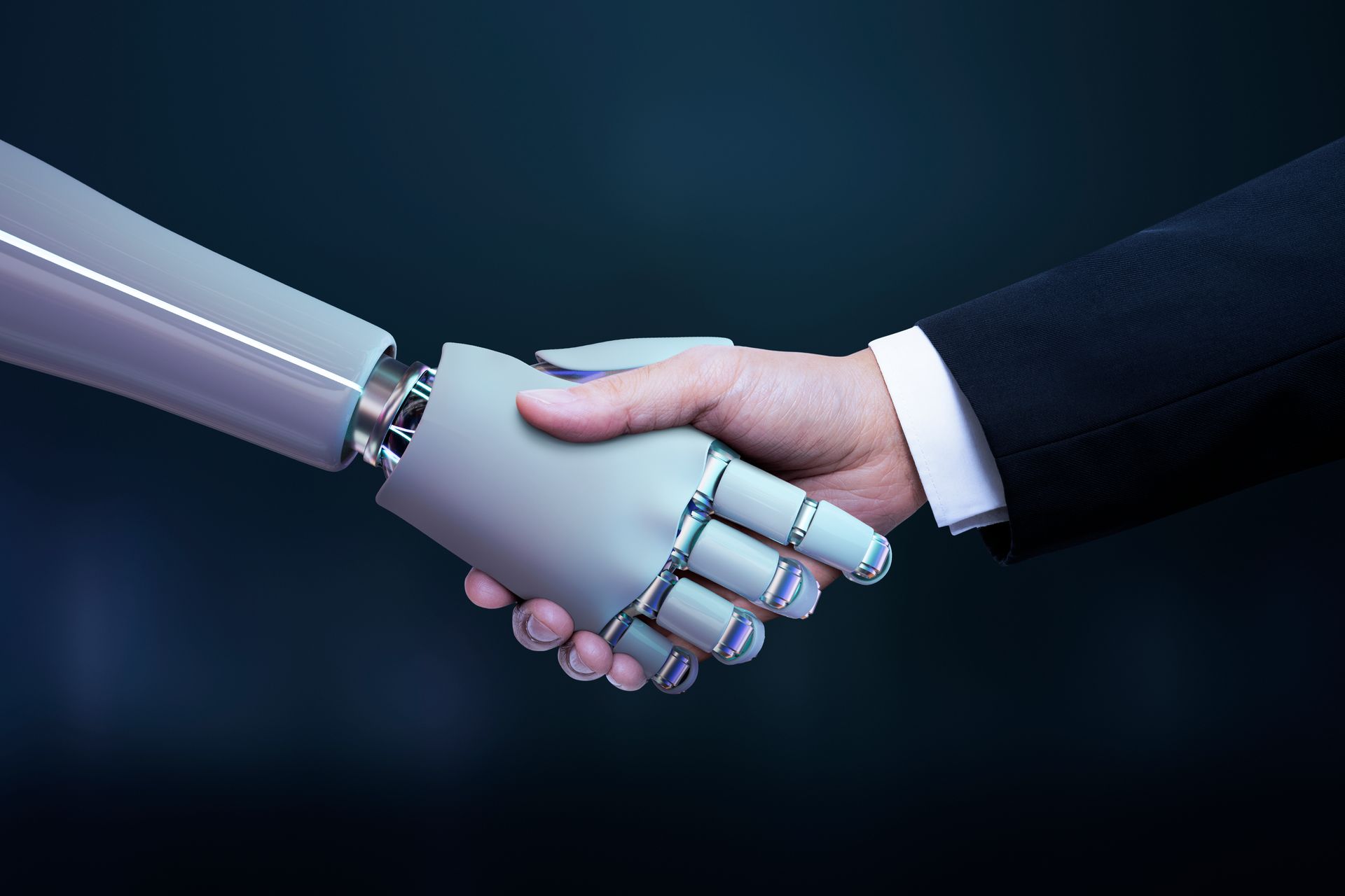 Human and robot shaking hands symbolizing cooperation between artificial intelligence and humans in 