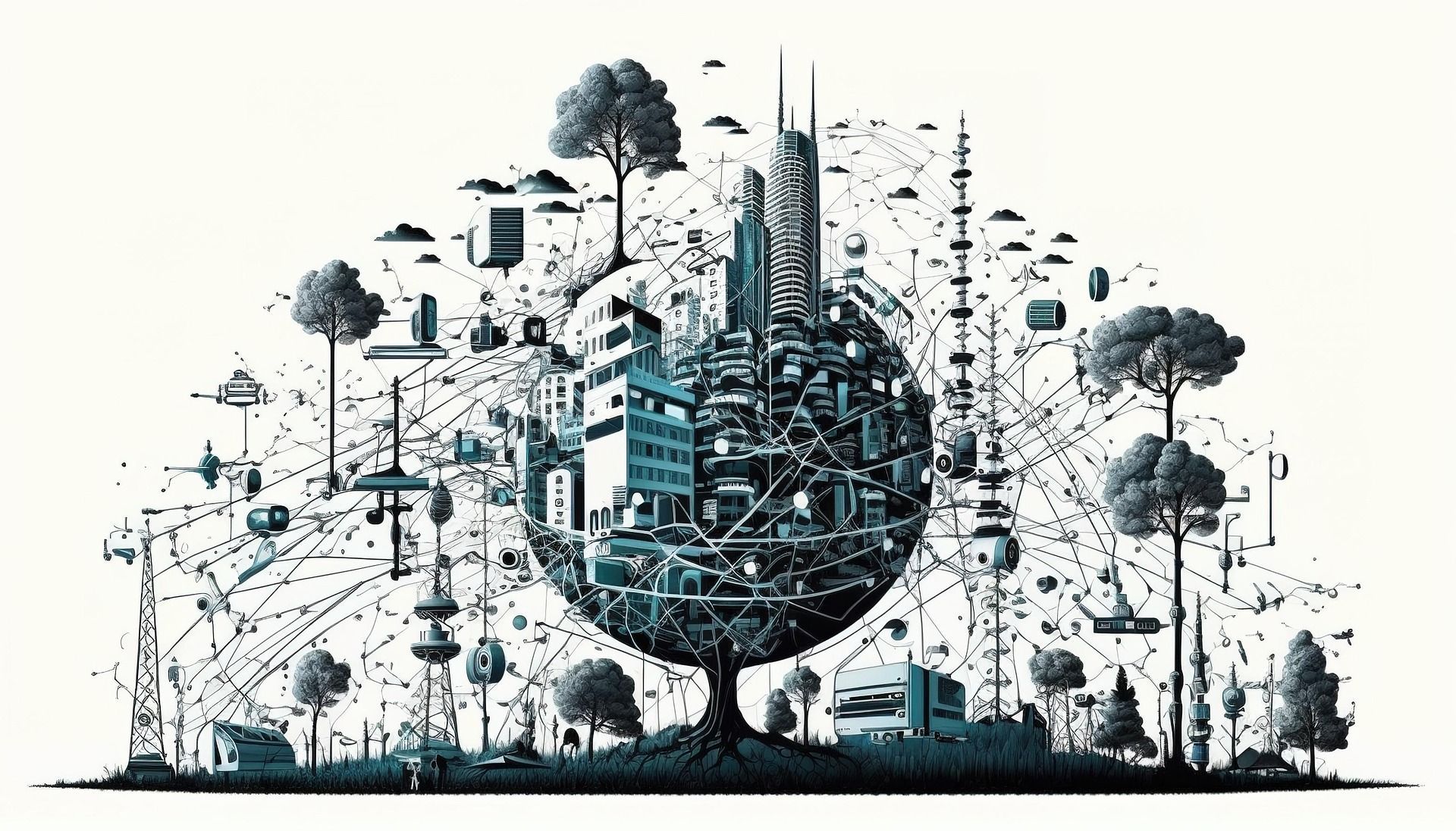 A black-and-white stylized graphic shows a globe formed by a bustling city fused with the roots and canopy of a large tree. Connected by Sky-Walker A black-and-white stylized graphic shows a globe formed by a bustling city fused with the roots and canopy of a large tree. Connected by Sky-Walker