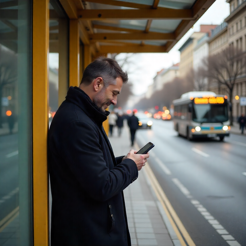 Man using phone at bus stop, smiling. Bus and city street in background.