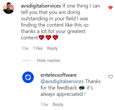 Comment left by a customer on Entelec Instagram feed