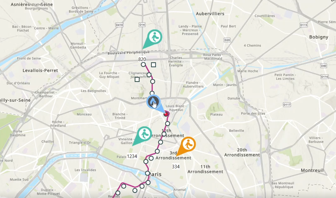 Map of Paris showing a route, highlighted, and working with Sky-Walker 