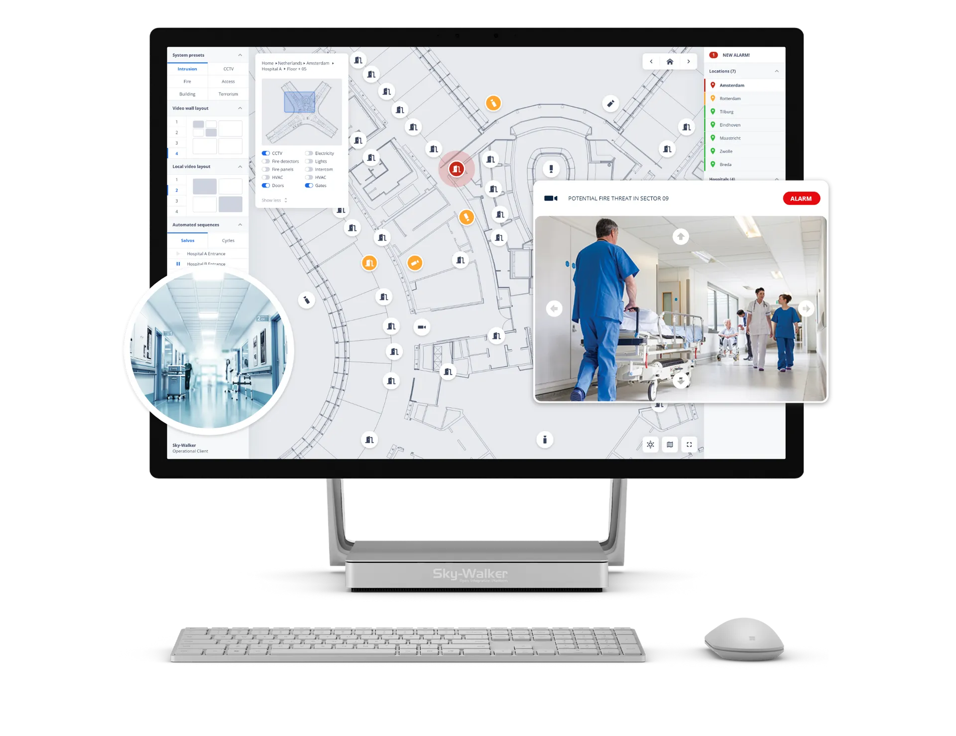 Computer monitor displaying Sky-Walker and a hospital map with data overlays, including a photo of staff. Computer monitor displaying Sky-Walker and a hospital map with data overlays, including a photo of staff.