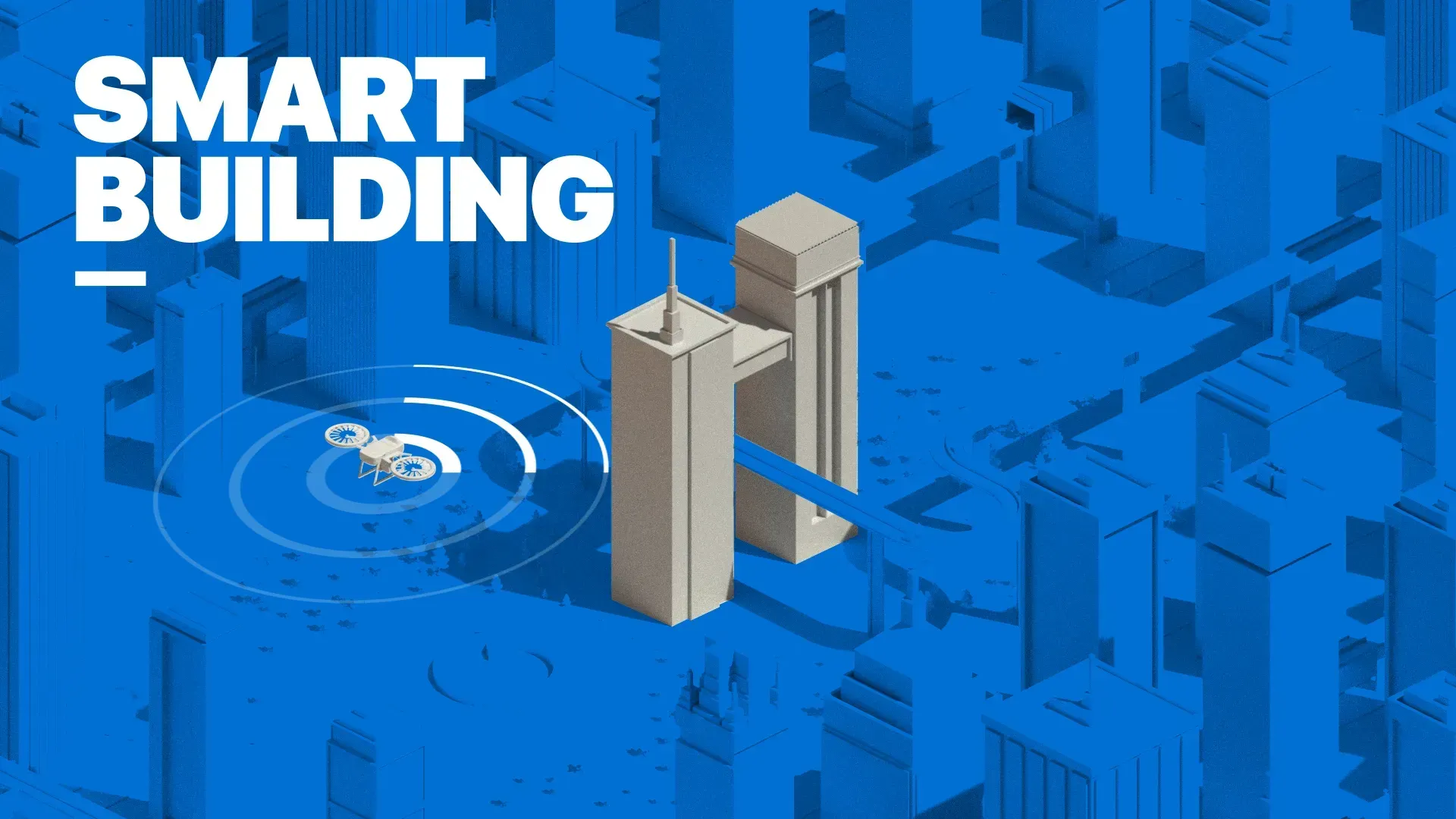 Isometric view of a smart building concept with blue background, featuring two tall beige towers and a drone-like icon with circular animations. Isometric view of a smart building concept with blue background, featuring two tall beige towers and a drone-like icon with circular animations.