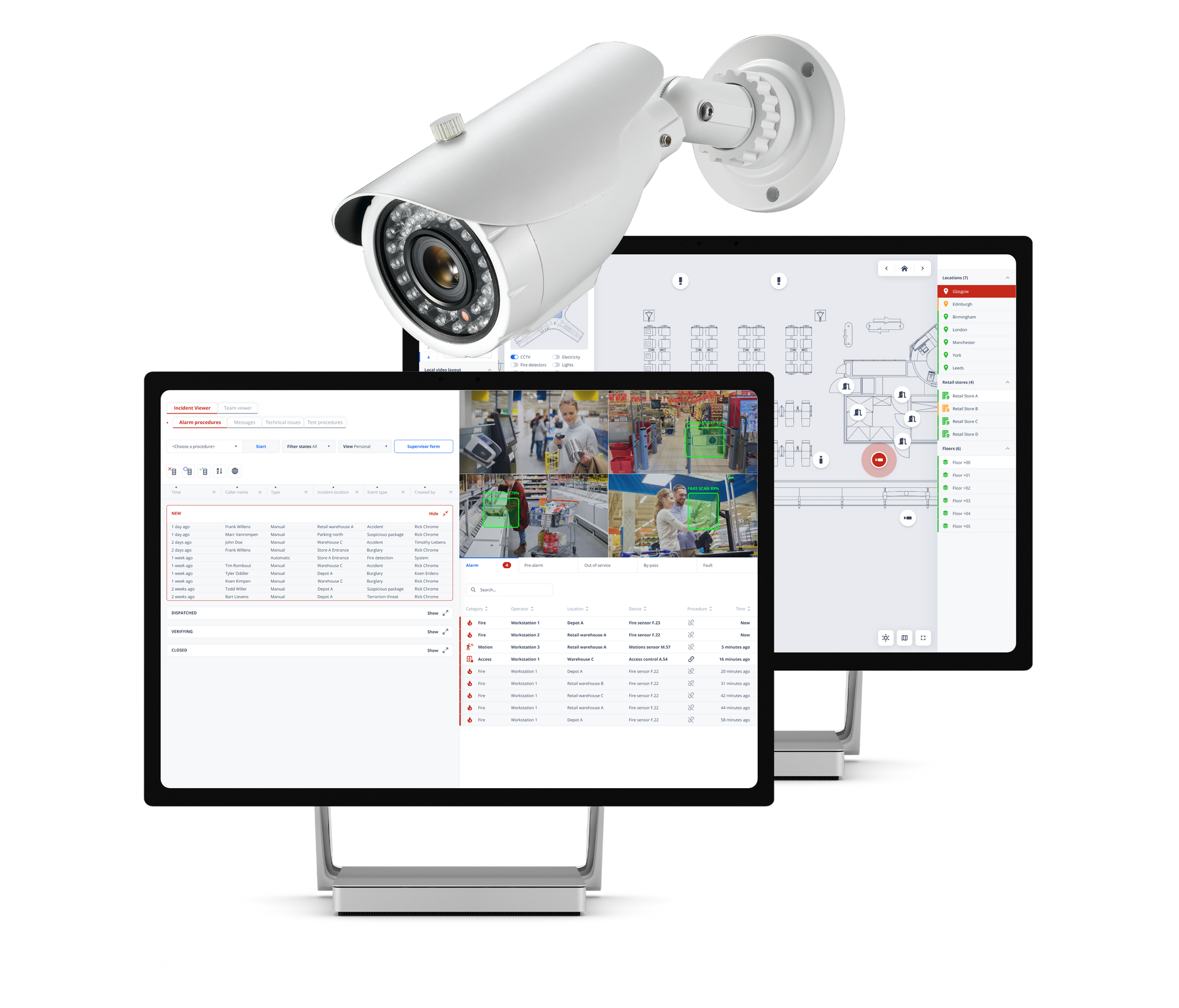 Security camera setup with two monitors displaying surveillance footage and data. Sky-Walker system