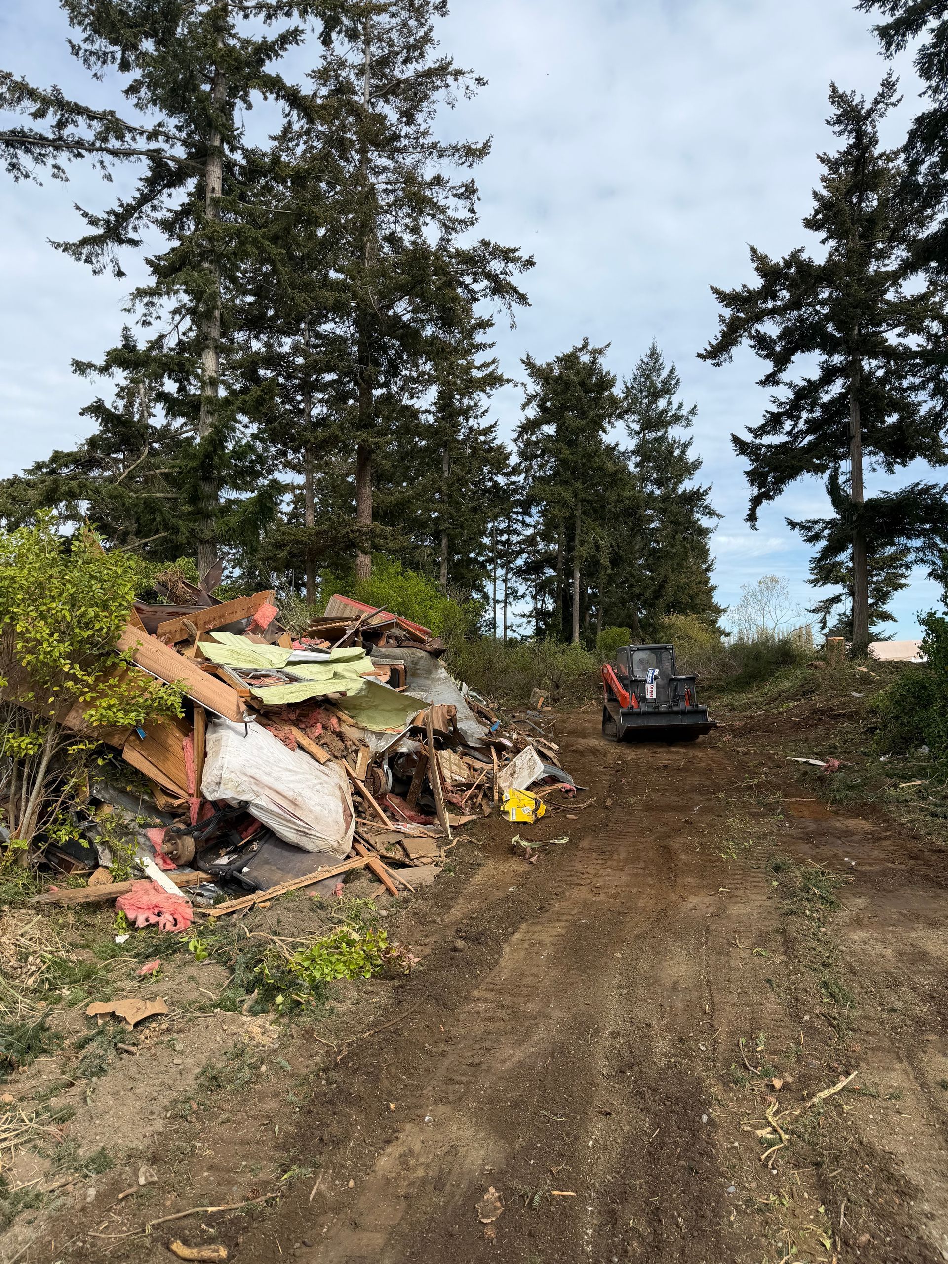 Dirt road beside a collapsed shed and debris, with a small excavator and tall evergreen trees nearby.