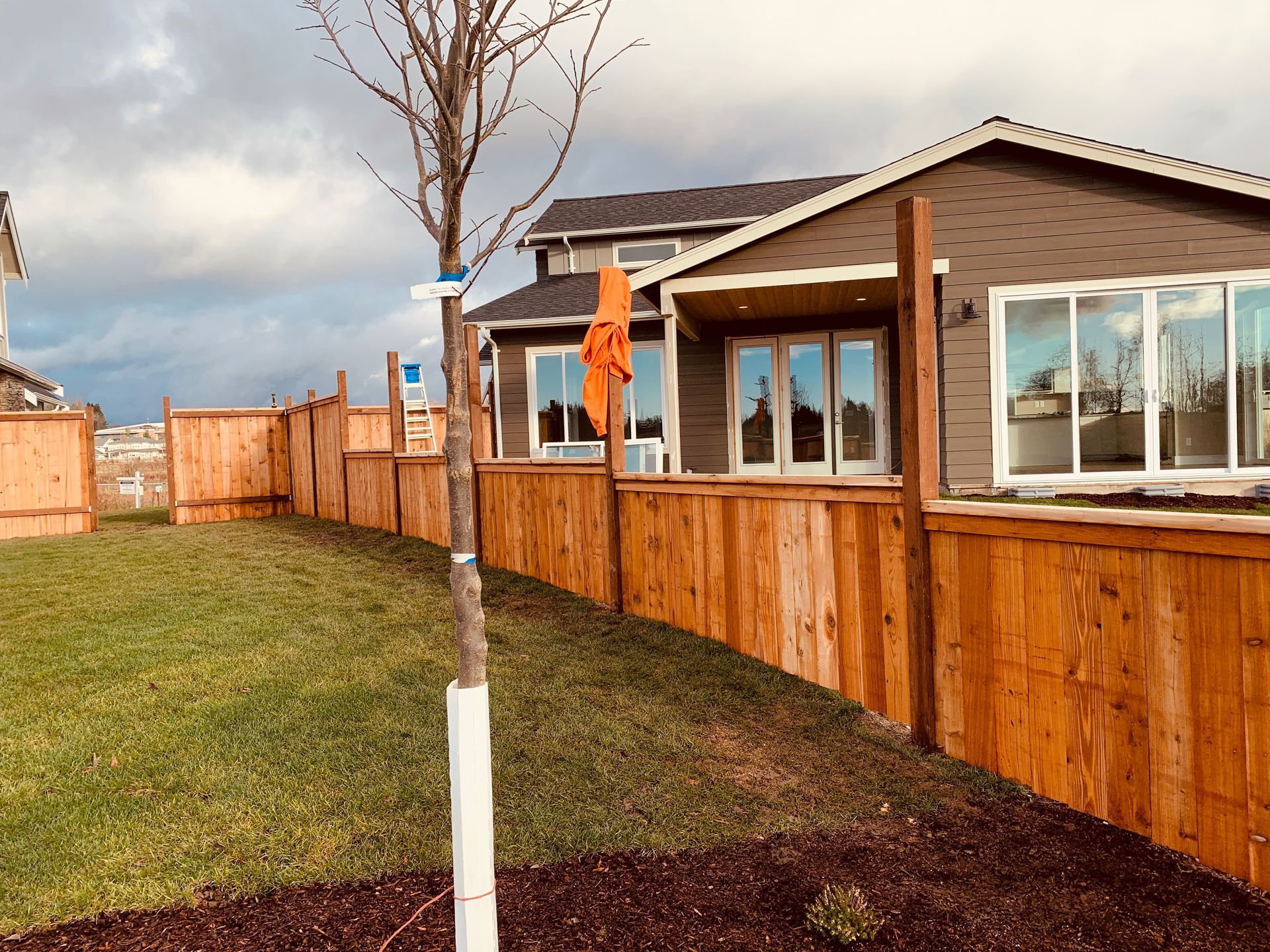 Suburban backyard with wooden fence, lawn, and house under cloudy sky