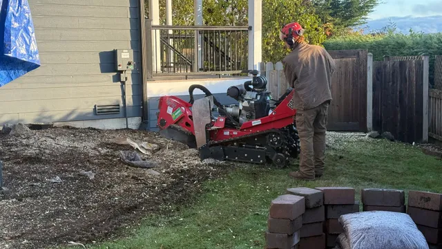 Person operating a red mini excavator beside a house, moving dirt in a yard
