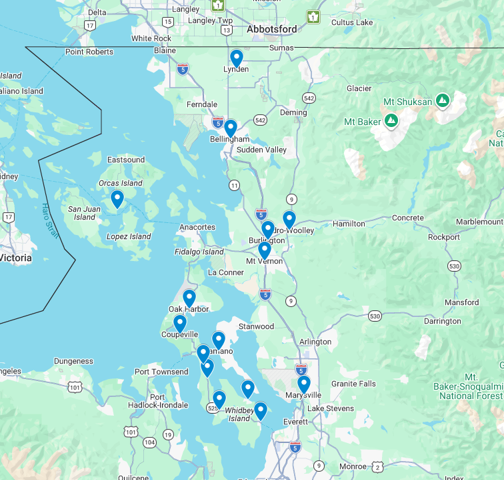 Map with multiple blue location pins and shaded regions marking sites along a north-south route.