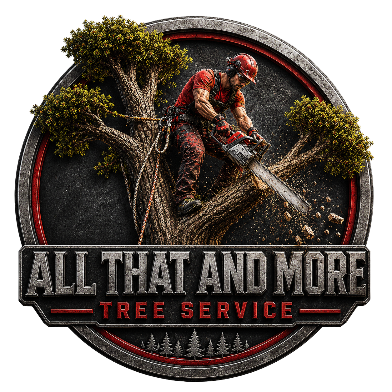 Logo for All That and More Tree Service with a tree-trimming worker in red and black above the company name