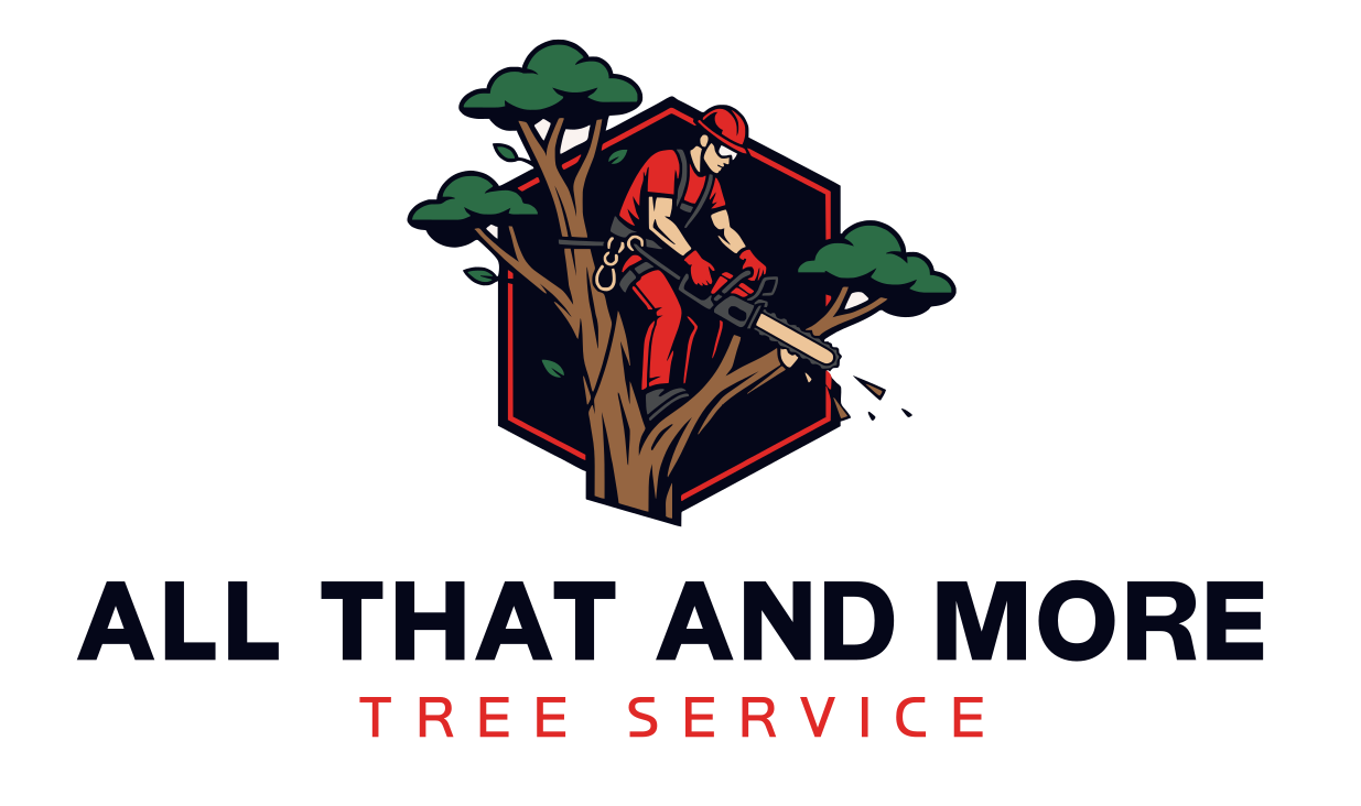All That and More Tree Service logo with a climber cutting a tree branch