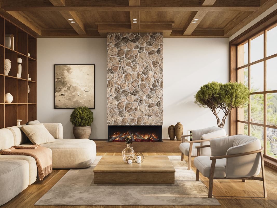 Cozy living room with brick fireplace, brown recliner, and large window overlooking a yard.