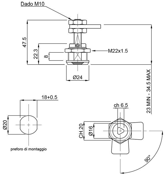 A black and white drawing of a lock with measurements.