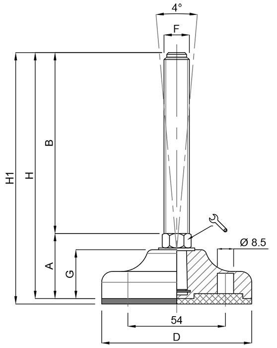 A black and white drawing of a metal pole with measurements on a white background.