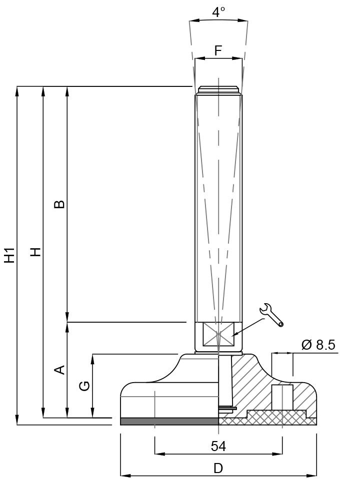 A black and white drawing of a metal pole with measurements.