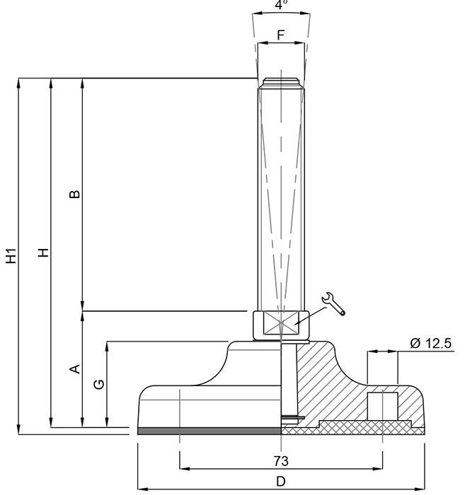 A black and white drawing of a metal pole with measurements.