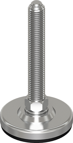 A stainless steel screw with a rubber base on a white background.