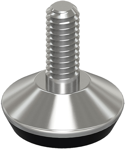 A stainless steel screw with a black rubber pad on a white background.