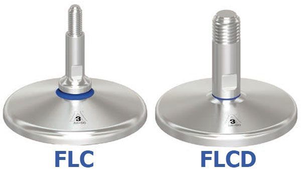 Two stainless steel feet with the words flc and flcd on them