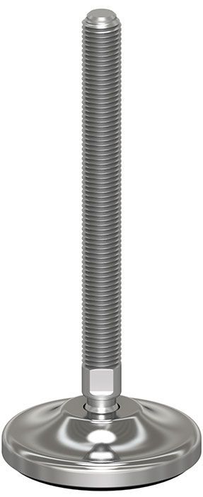 A stainless steel screw with a round base on a white background.