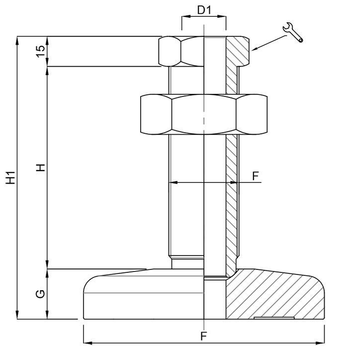 A black and white drawing of a screw with measurements and a wrench.