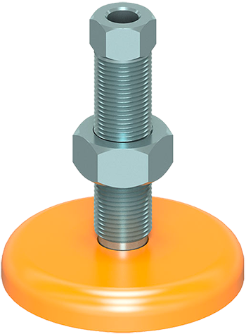 A close up of a screw and nut on an orange base on a white background.