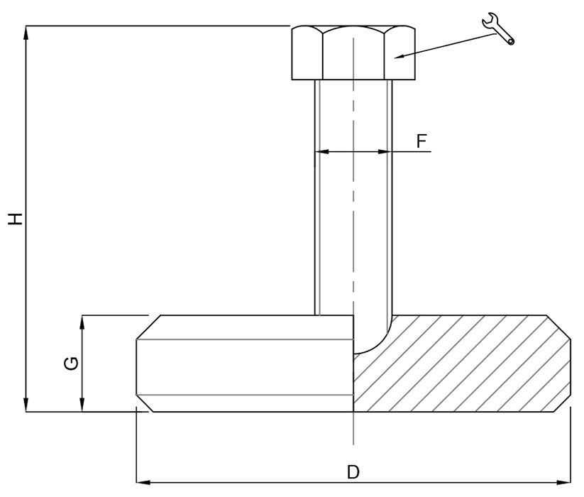 A black and white drawing of a nut and washer with measurements.