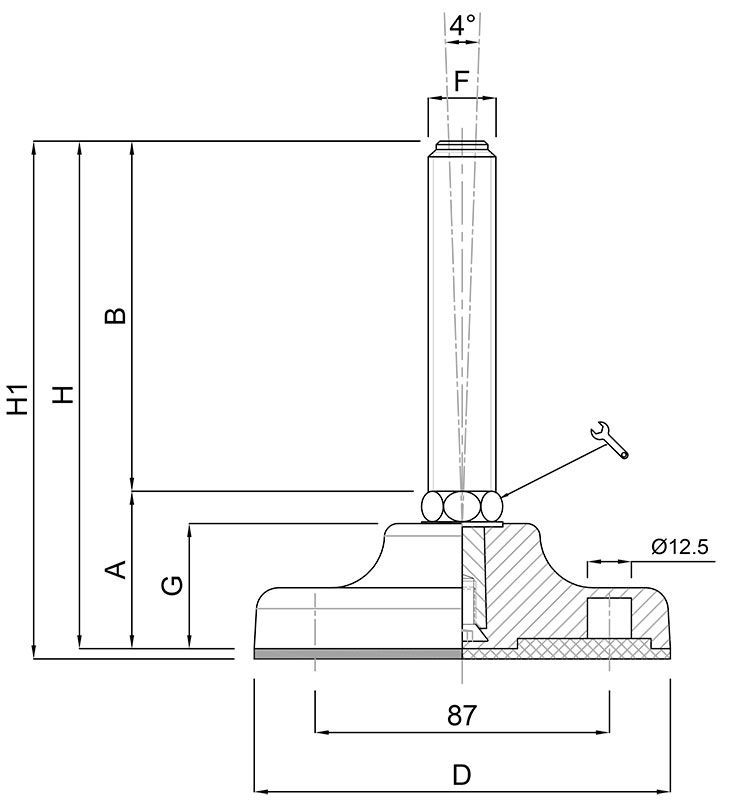 A black and white drawing of a metal pole with measurements.