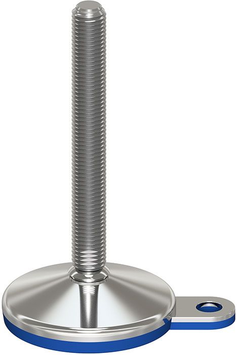 A stainless steel screw with a blue rubber pad on a white background.