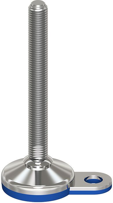 A stainless steel screw with a blue rubber pad on a white background.