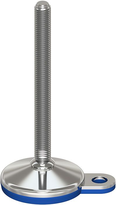 A stainless steel screw with a blue rubber pad on a white background.