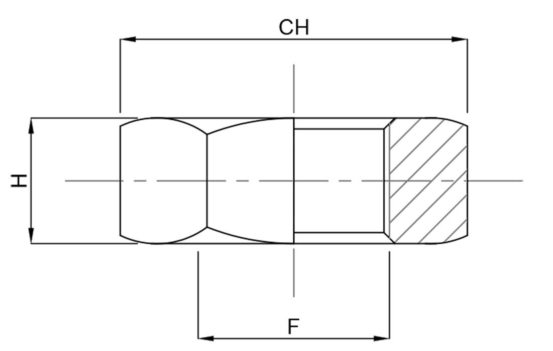 A drawing of a nut with measurements on a white background.