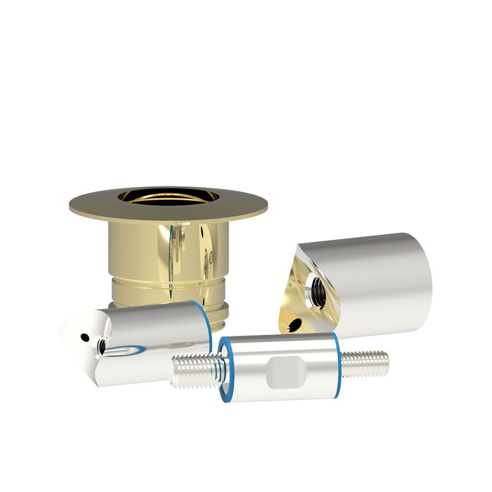 A group of brass and stainless steel fittings on a white background.