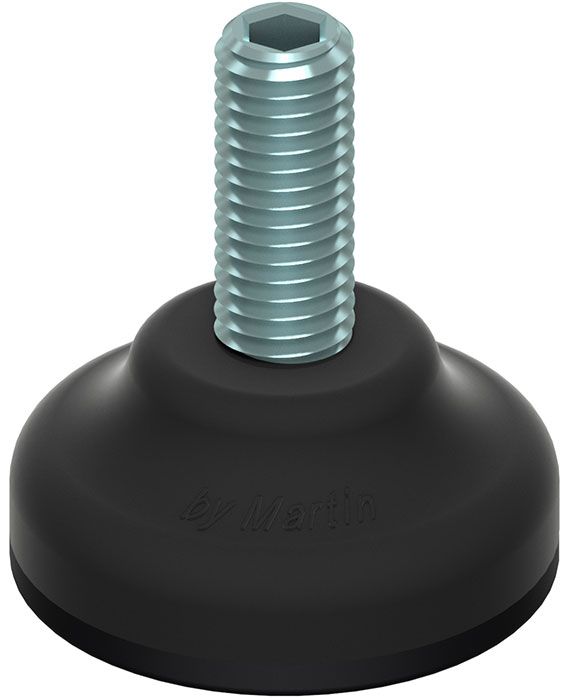 A close up of a screw with a rubber base on a white background.